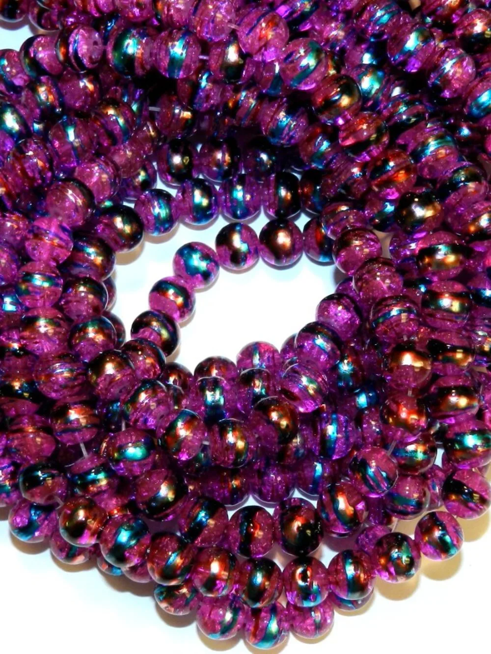 Fuchsia Pink 8mm Round Metallic Drawbench Swirl Crackle Glass Beads 32" G1731 - Picture 3 of 5